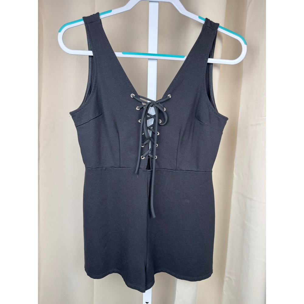 Vintage Y2K Contempo Casuals Black Lace Up Romper‎ Club Mini Jumpsuit Shorts M